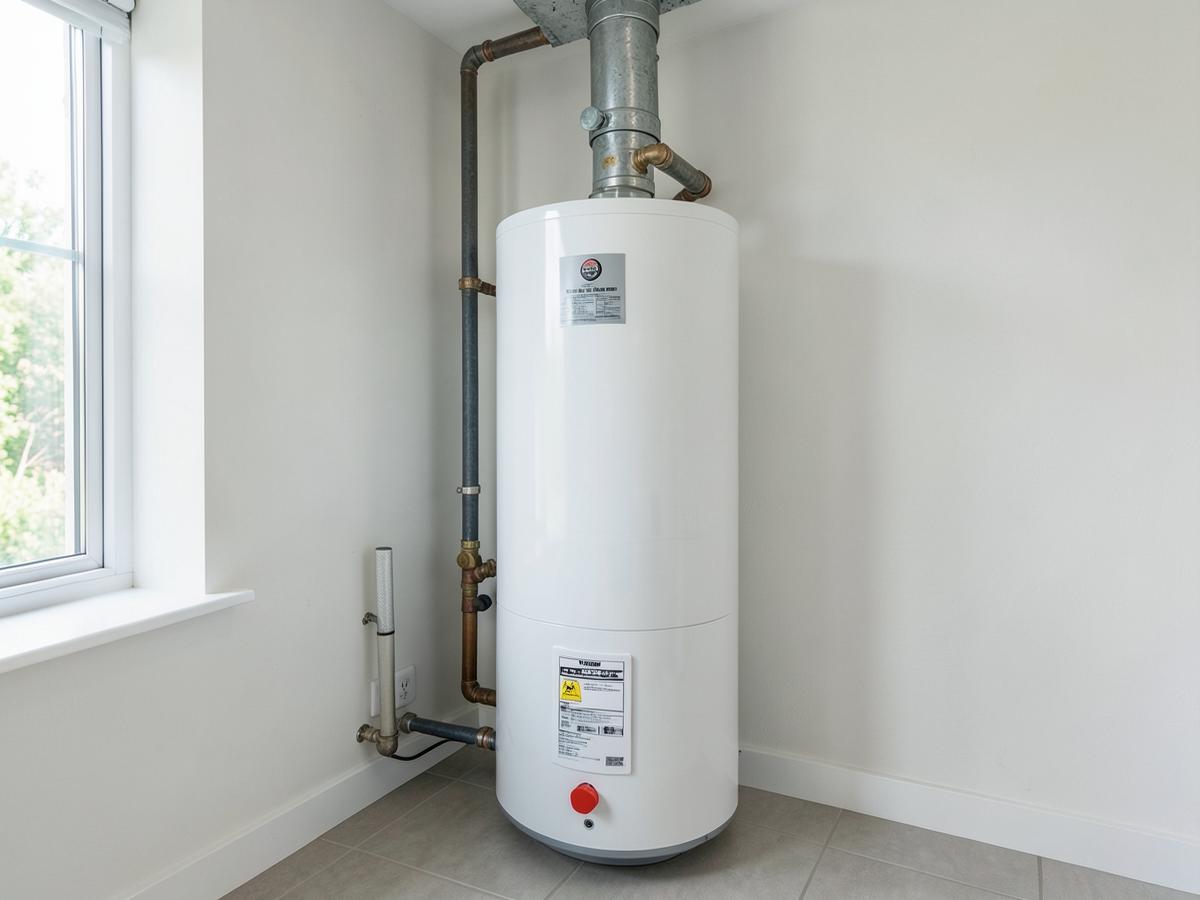 Residential water heater installed in a utility room