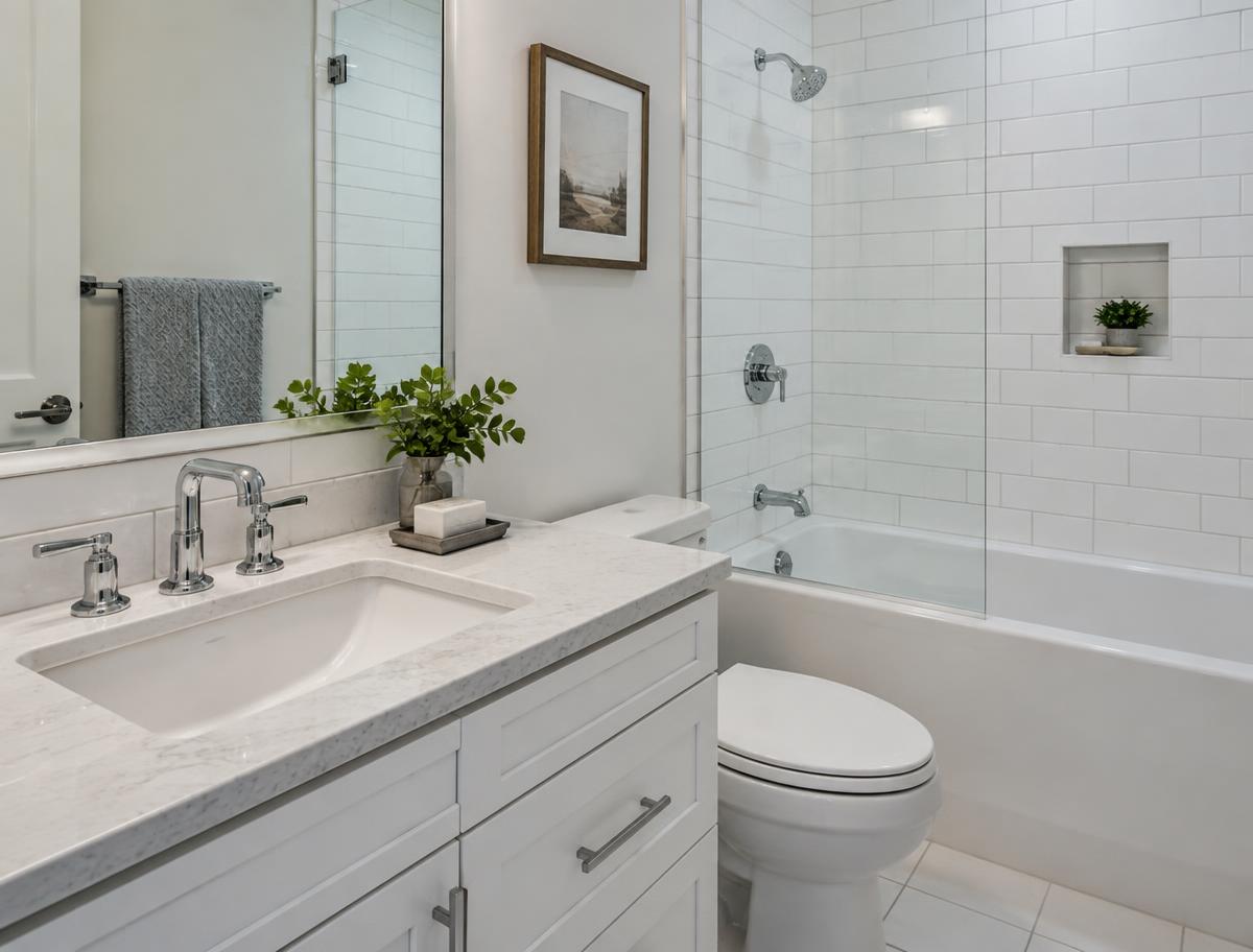 Modern residential bathroom with sink, tub, and chrome fixtures