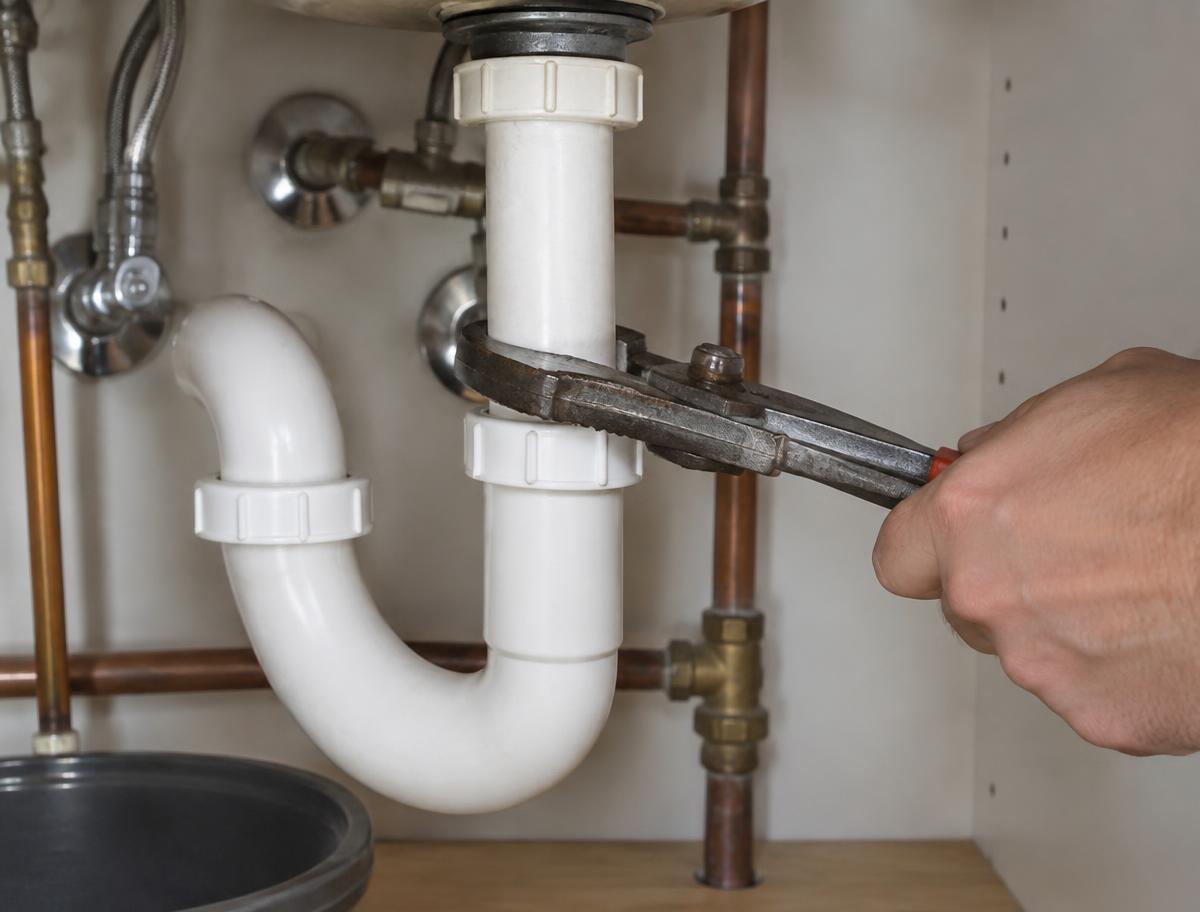 Household drain pipes under a sink being tightened with a wrench