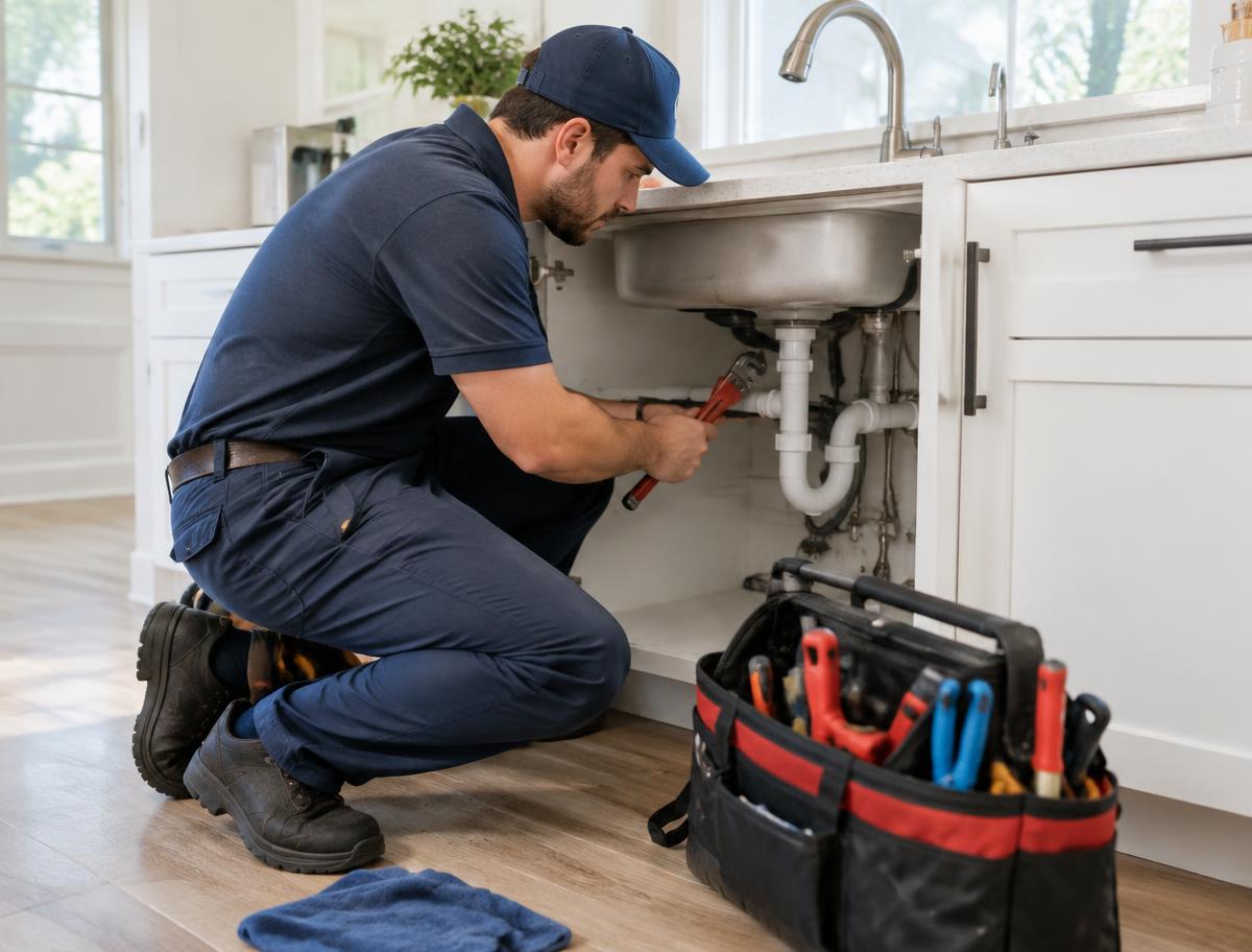 Plumbing work being carried out beneath a residential kitchen sink