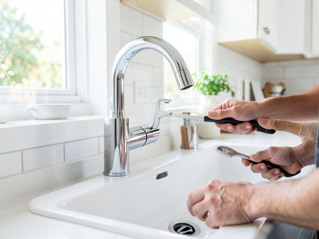 Modern chrome kitchen faucet being installed on a white sink