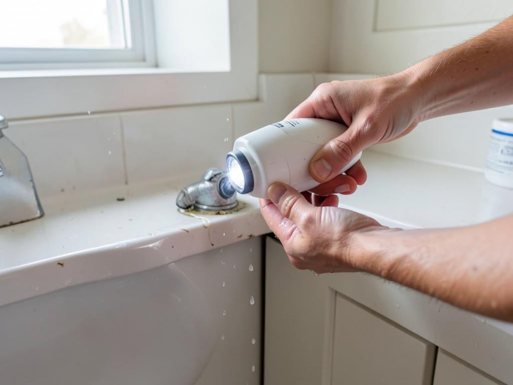 Inspection of a small water leak at a bathroom sink pipe joint