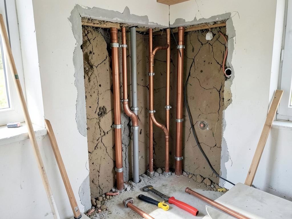 New copper supply pipes being replaced in an open residential wall