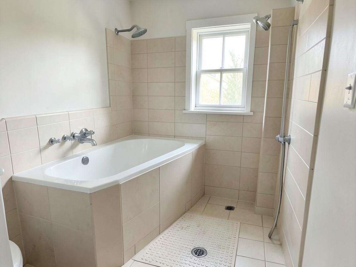 Accessible bathroom with tub, handheld shower and non-slip mat